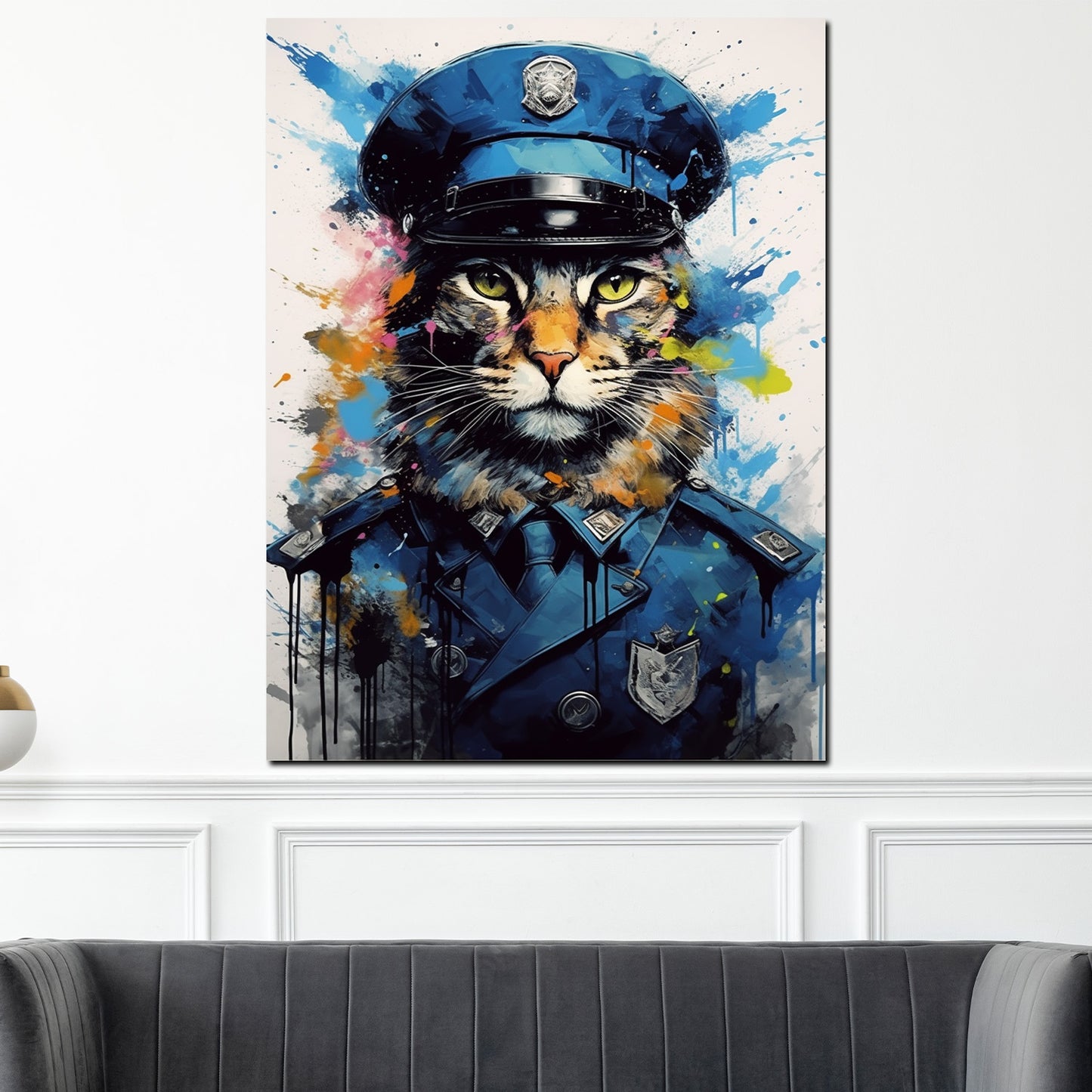 Wandbild Pop Art Katze in Polizeiuniform