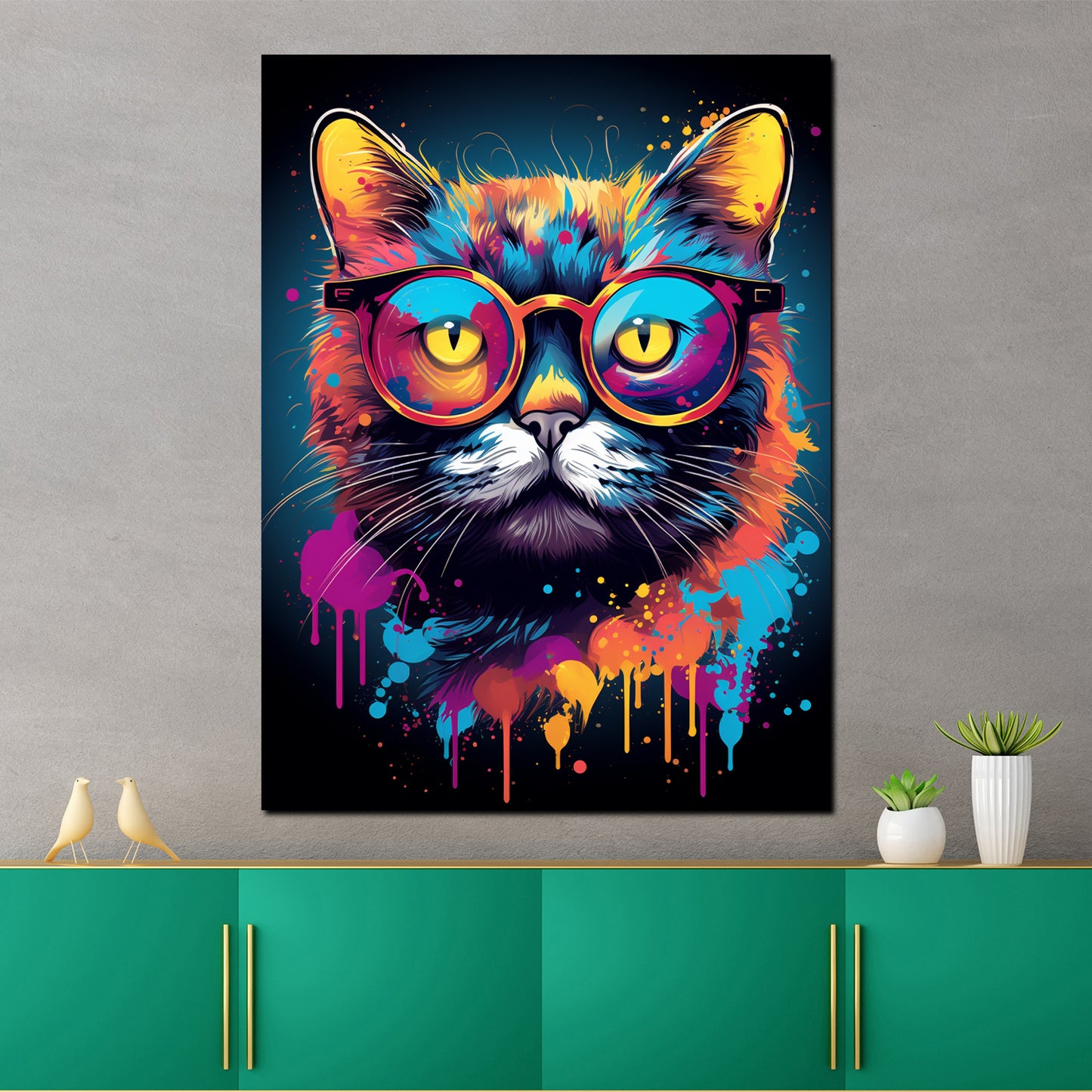 Wandbild Pop Art Katze mit Brille Colour Splash