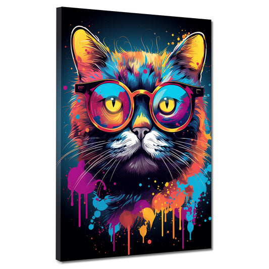 Wandbild Pop Art Katze mit Brille Colour Splash