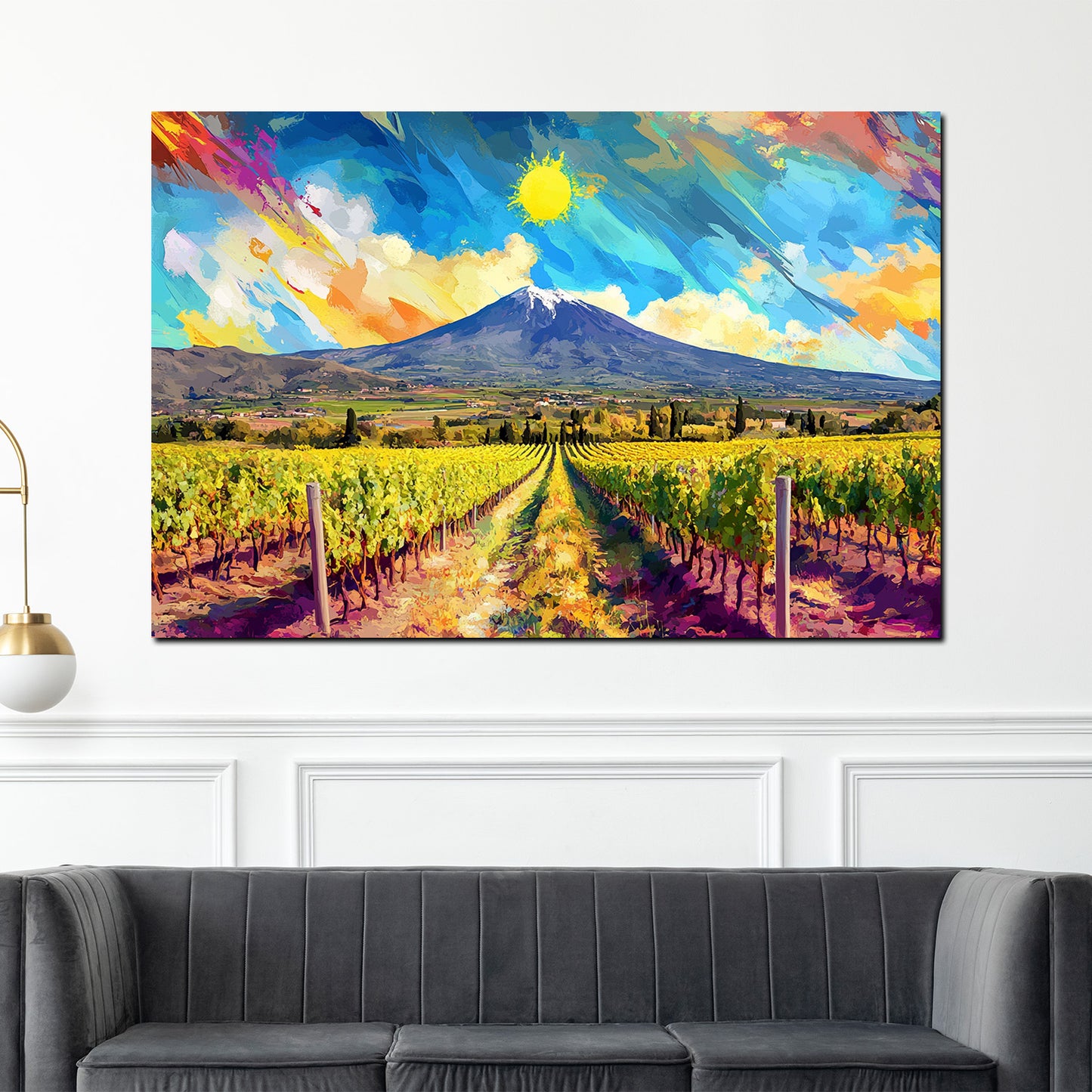 Wandbild Pop Art Landschaft Weinberge Berge Sonne Natur farbenfroh