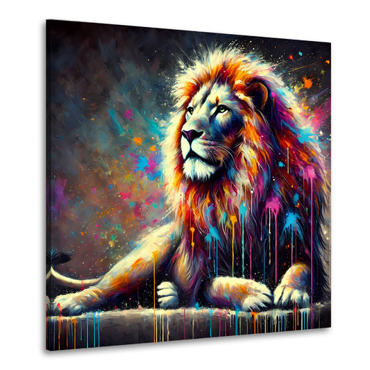 Wandbild Pop Art Löwe liegend mit lebendigen Farben