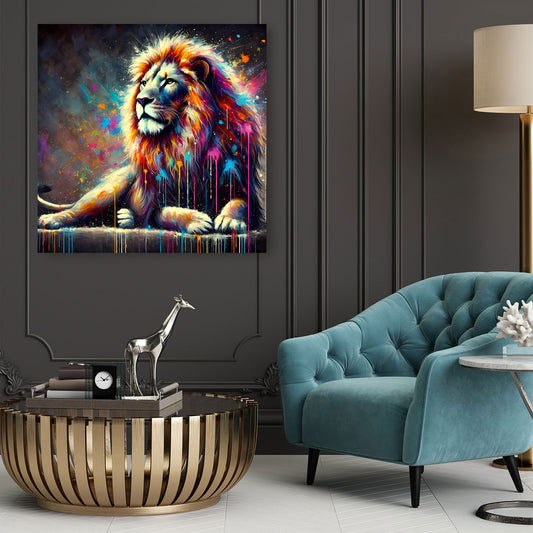 Wandbild Pop Art Löwe liegend mit lebendigen Farben
