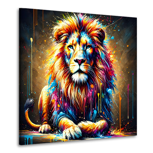 Wandbild Pop Art Löwe sitzend mit leuchtenden Farben