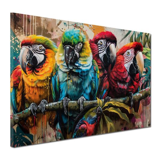 Wandbild Pop Art Papageien bunt auf Ast