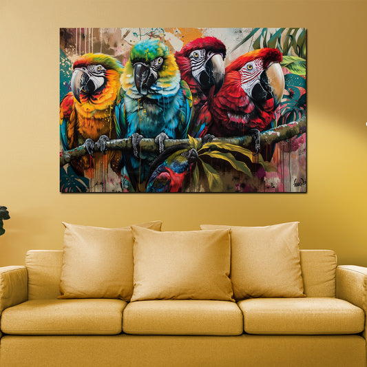 Wandbild Pop Art Papageien bunt auf Ast