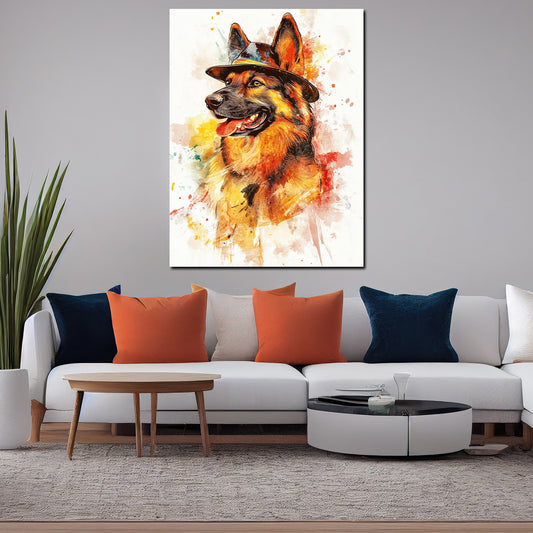 Wandbild Pop Art Schäferhund mit Hut farbenfroh