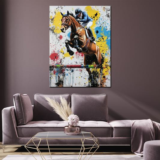 Wandbild Pop Art Springreiter bunt dynamisch mit Pferd