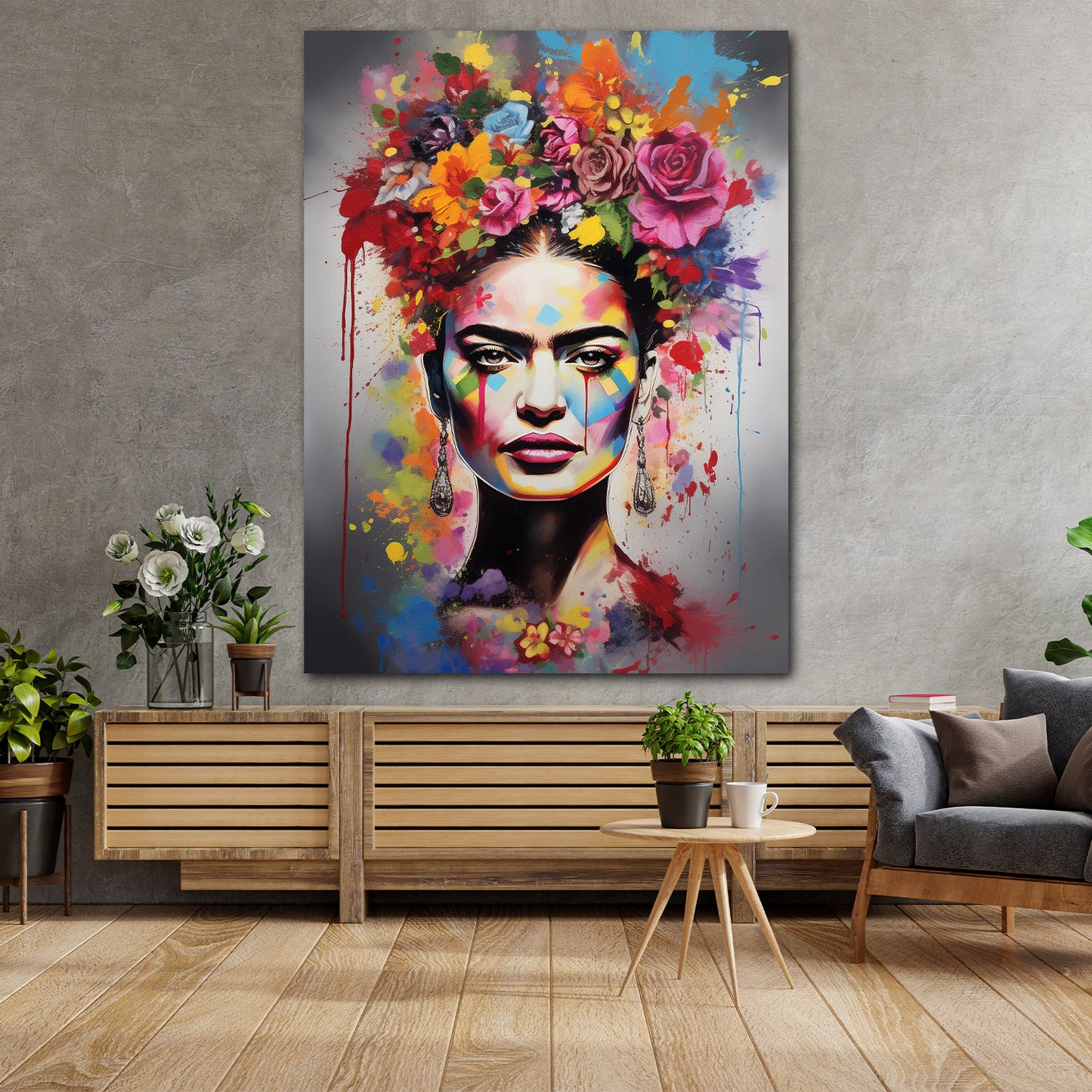 Wandbild Pop Art abstrakt Frida mit Blumenkranz