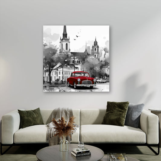 Wandbild Rotes Auto Oldtimer schwarz weiß Stadt