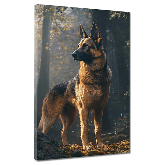 Wandbild Schäferhund im Wald Lichtstimmung