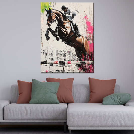 Wandbild Springreiter mit Pferd urban energiegeladen