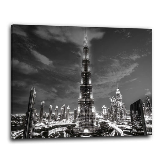 Wandbild Städte Dubai Burj Khalifa Skyline schwarz weiß Nachtaufnahme