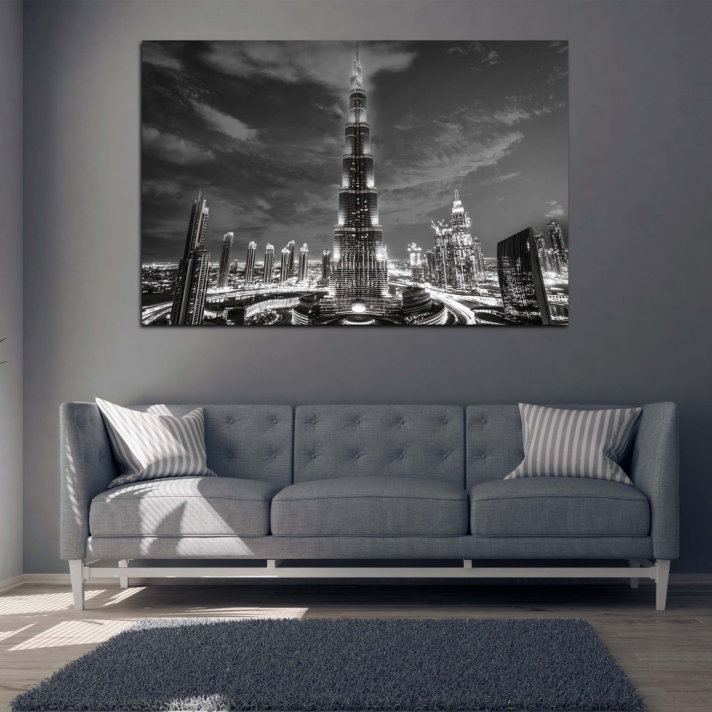 Wandbild Städte Dubai Burj Khalifa Skyline schwarz weiß Nachtaufnahme
