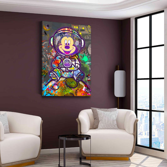 Wandbild Street Art Comic Maus als Astronaut im Universum bunt