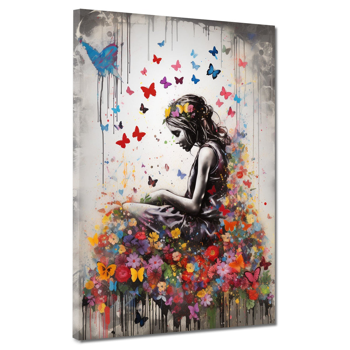 Mädchen mit Blumen und Schmetterlingen – Wandbild