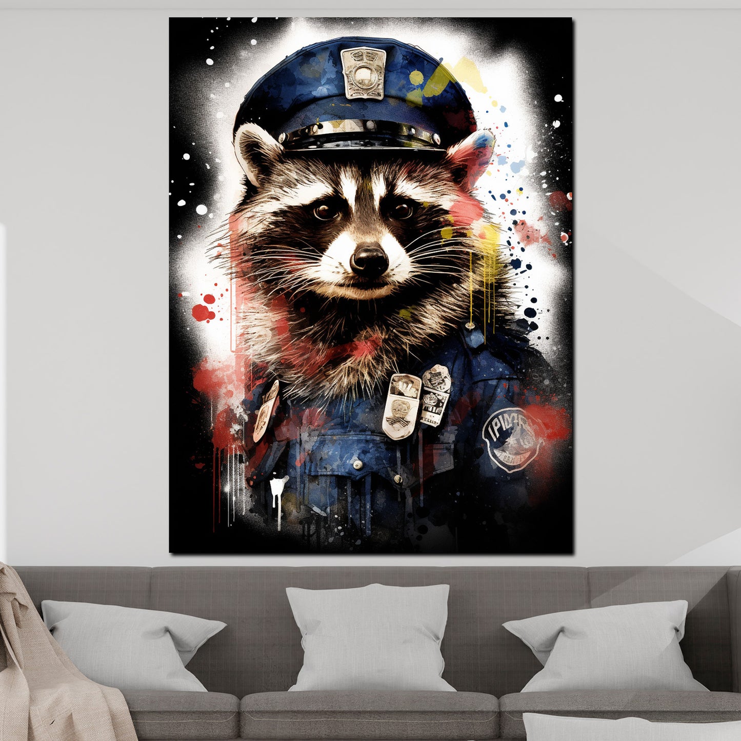 Wandbild Street Art Waschbär in Polizeiuniform