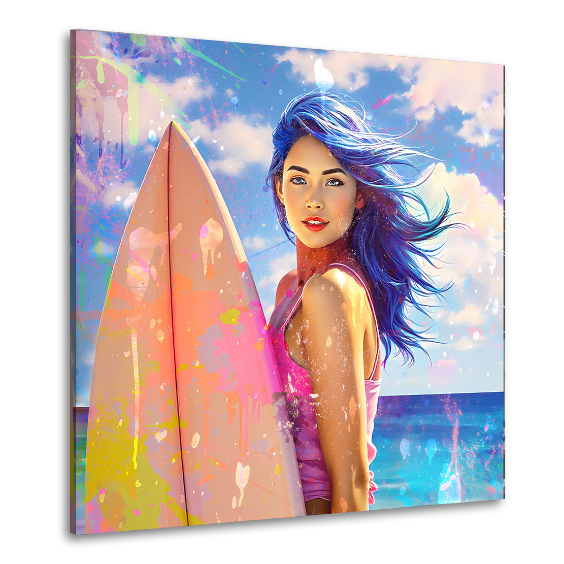 Wandbild Surferin am Meer in lebendigen Farben