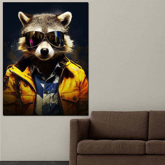 Wandbild Waschbär mit gelber Jacke und Sonnenbrille