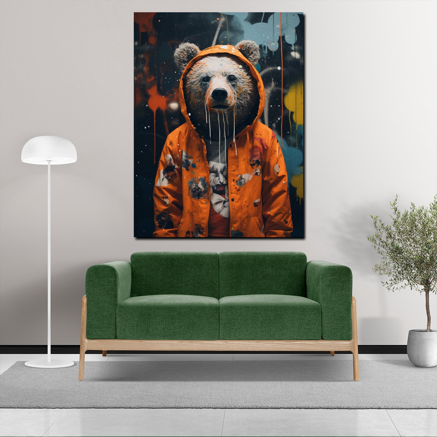 Wandbild abstrakt Bär im Regenmantel Pop Art