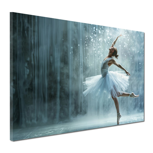 Wandbild abstrakt Ballerina in elegantem Weiß vor Wasserfall