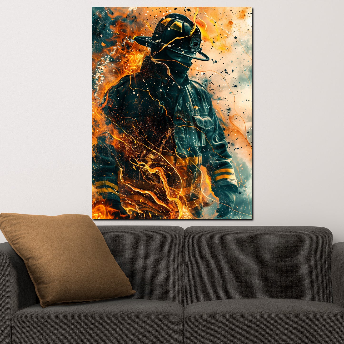 Wandbild abstrakt Feuerwehrmann in Flammen Pop Art