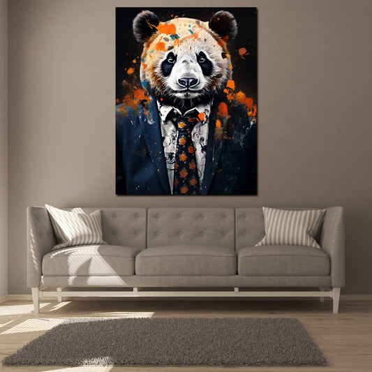 Wandbild abstrakt Panda im blauen Anzug Pop Art Splash