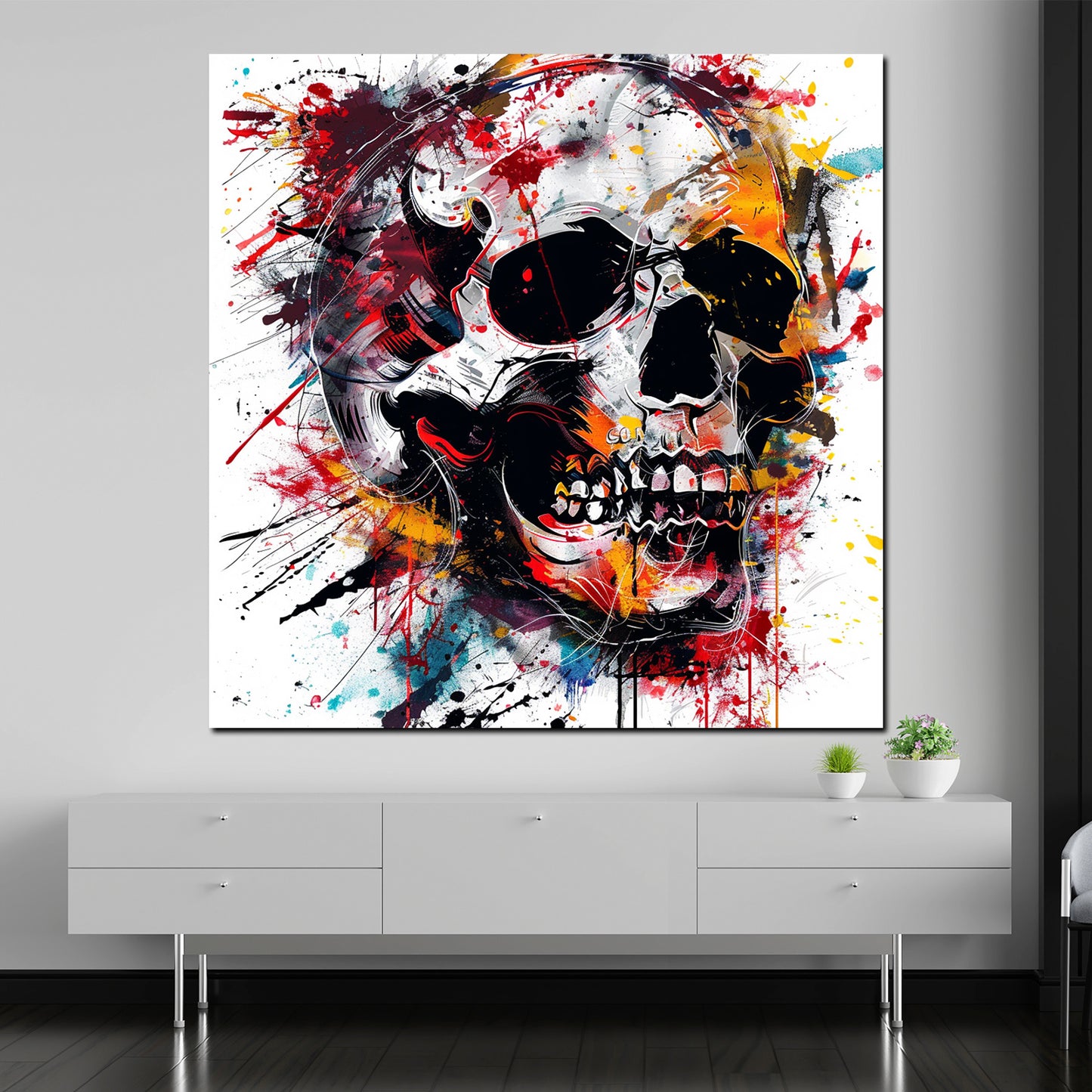 Wandbild abstrakt Totenkopf im bunten Pop Art Stil