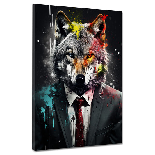 Wandbild abstrakt Wolf im Anzug Pop Art Black Style