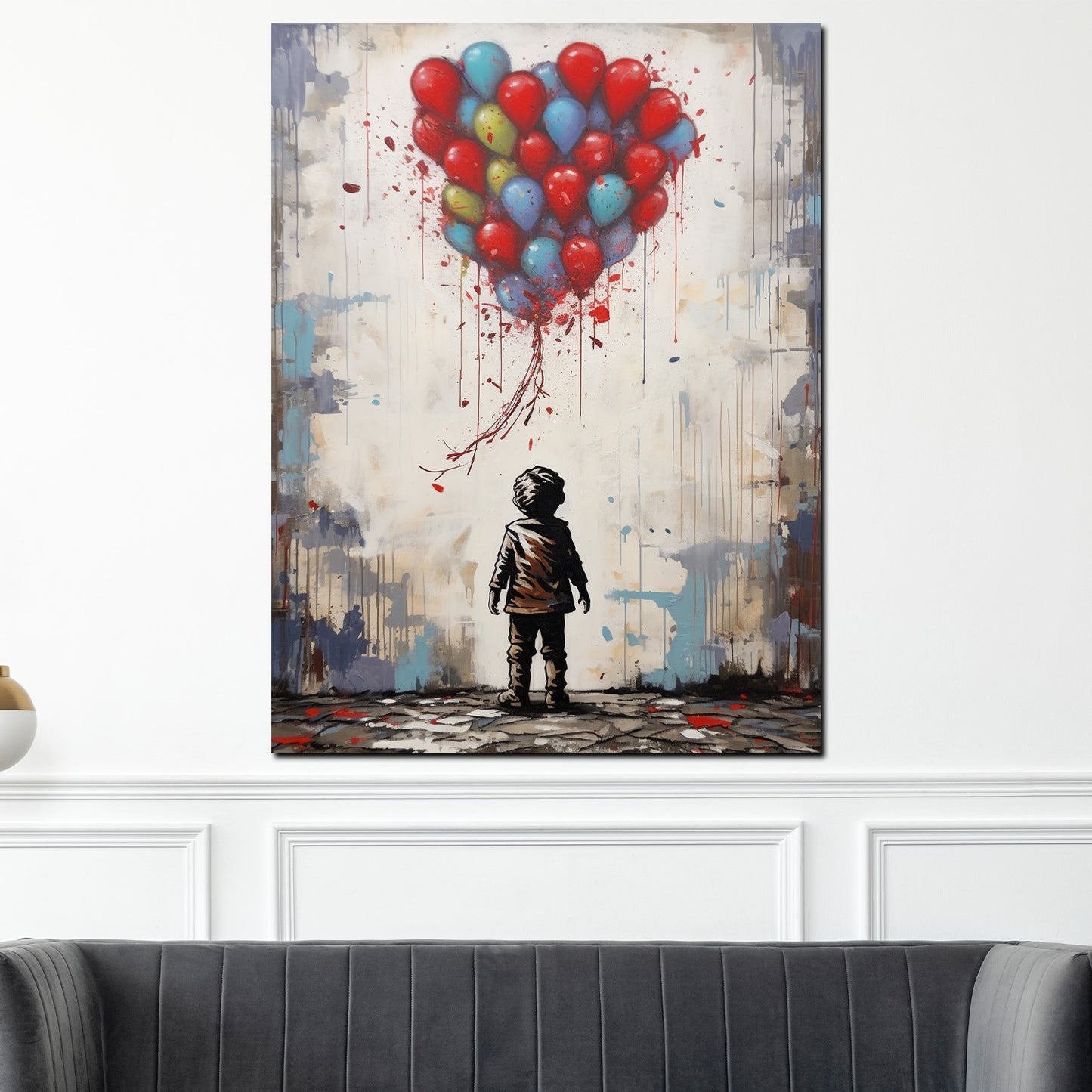 Wandbild abstrakt kleiner Junge mit bunten Luftballons