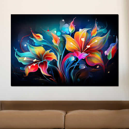 Wandbild abstrakt leuchtende Blumen dark mode