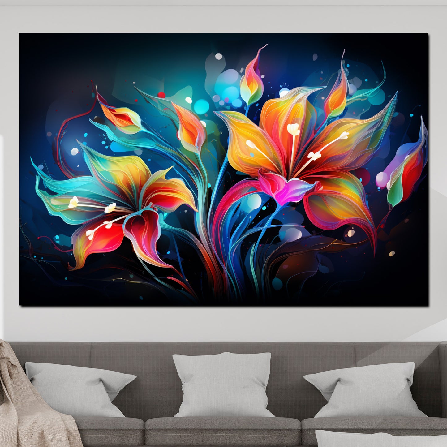 Wandbild abstrakt leuchtende Blumen dark mode