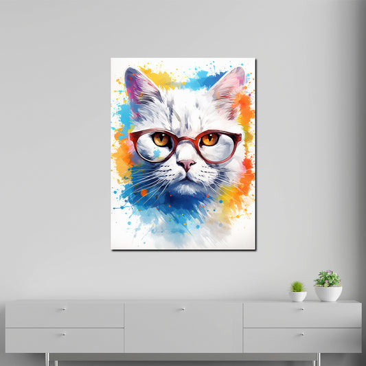 Wandbild abstrakt weiße Katze mit Brille Pop Art