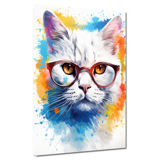 Wandbild abstrakt weiße Katze mit Brille Pop Art