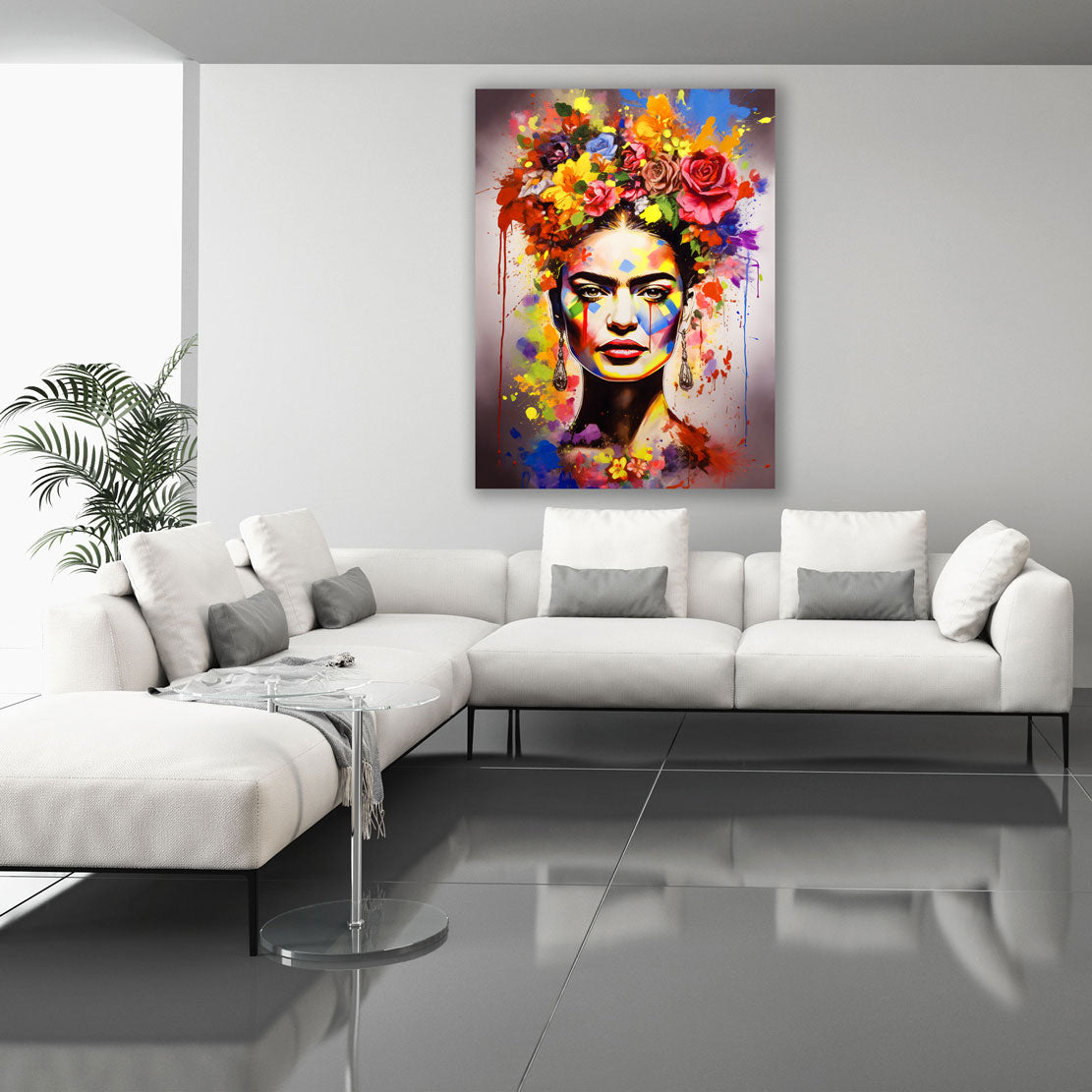 Wandbild abstraktes Porträt Frida mit Blumen Pop Art