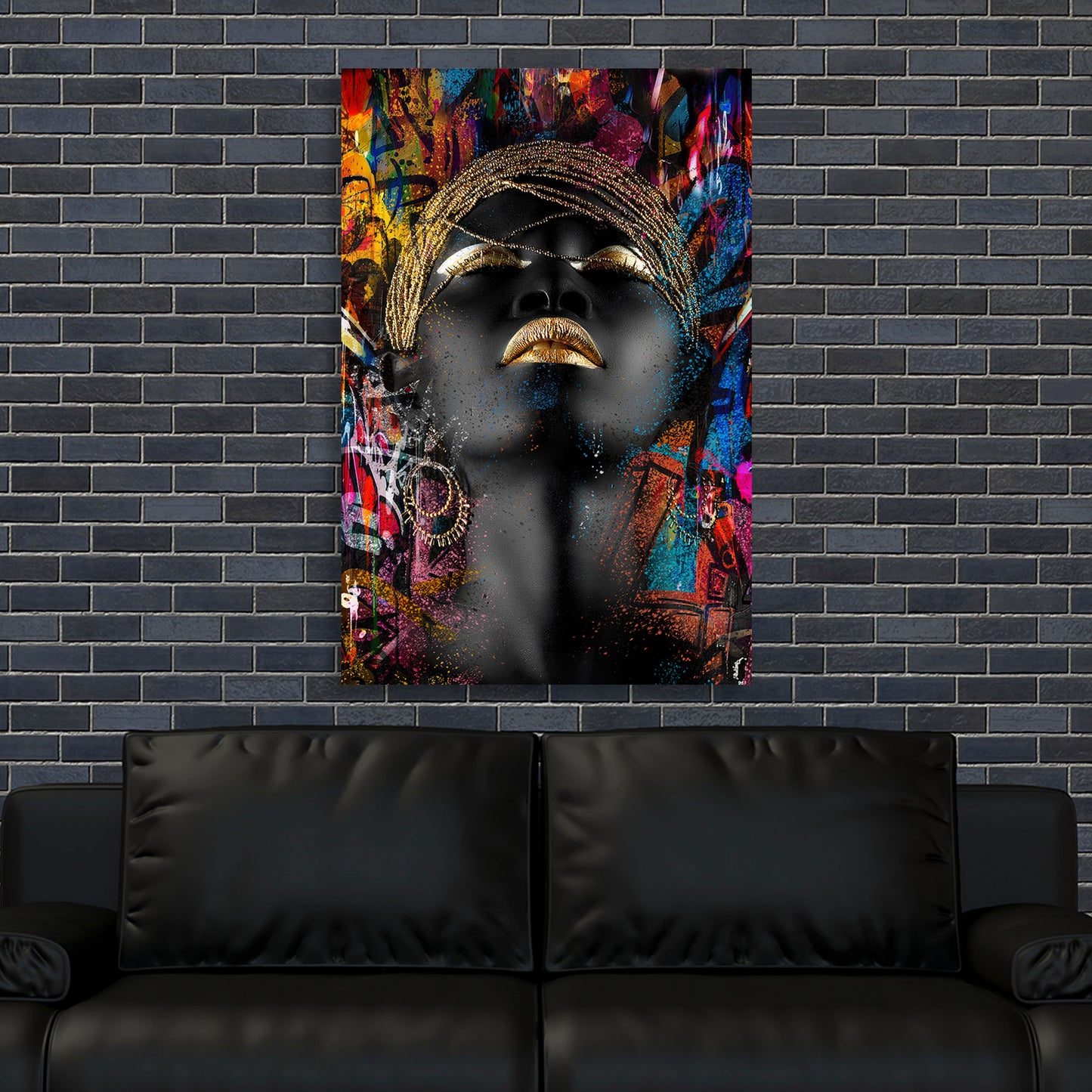Wandbild afrikanische Frau Goldakzente und Graffiti Pop Art