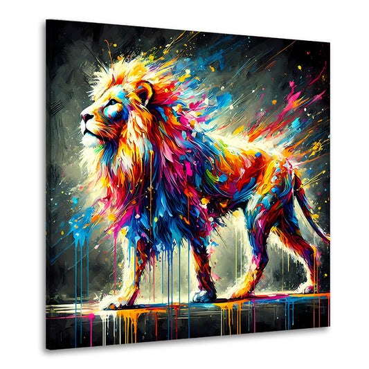 Wandbild bunter Löwe in abstrakter Pop Art Optik