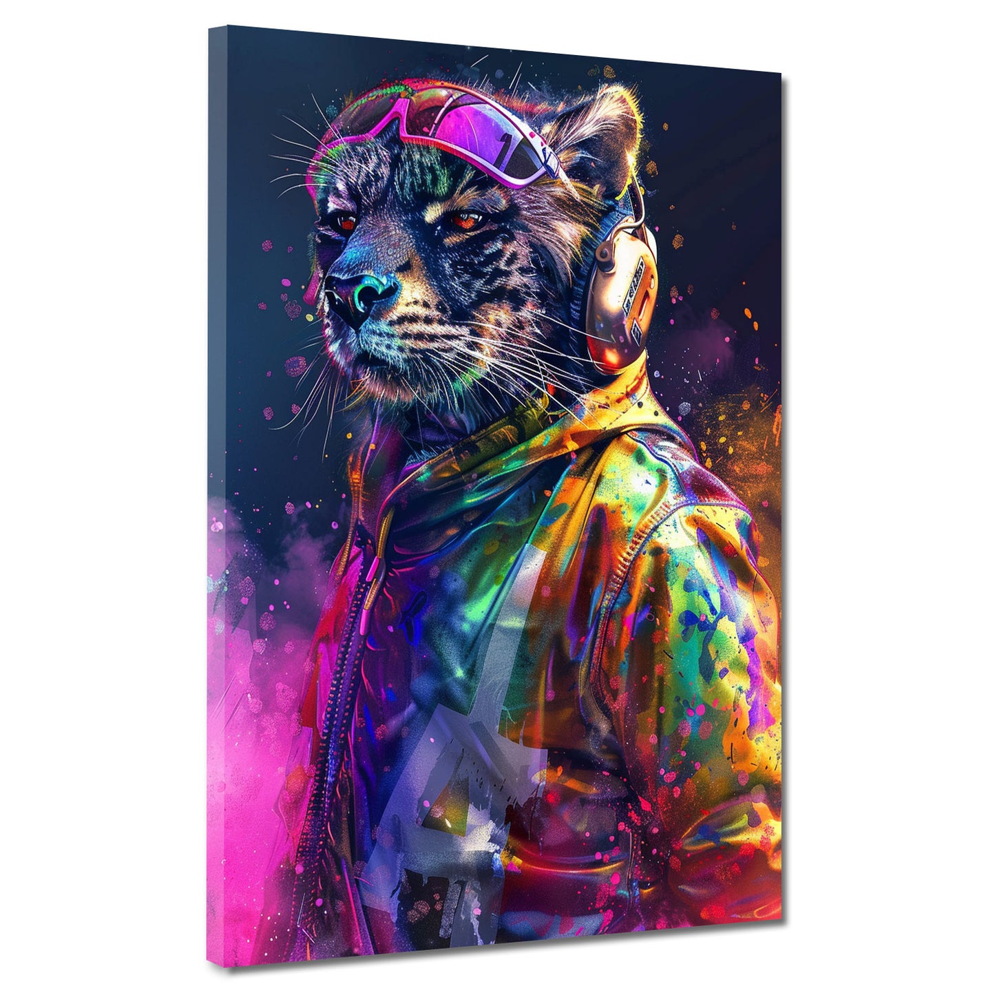 Wandbild cooler Leopard mit Kopfhörern im Pop Art Stil