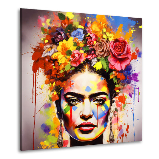 Wandbild Frida buntes Portrait mit Blumen Pop Art