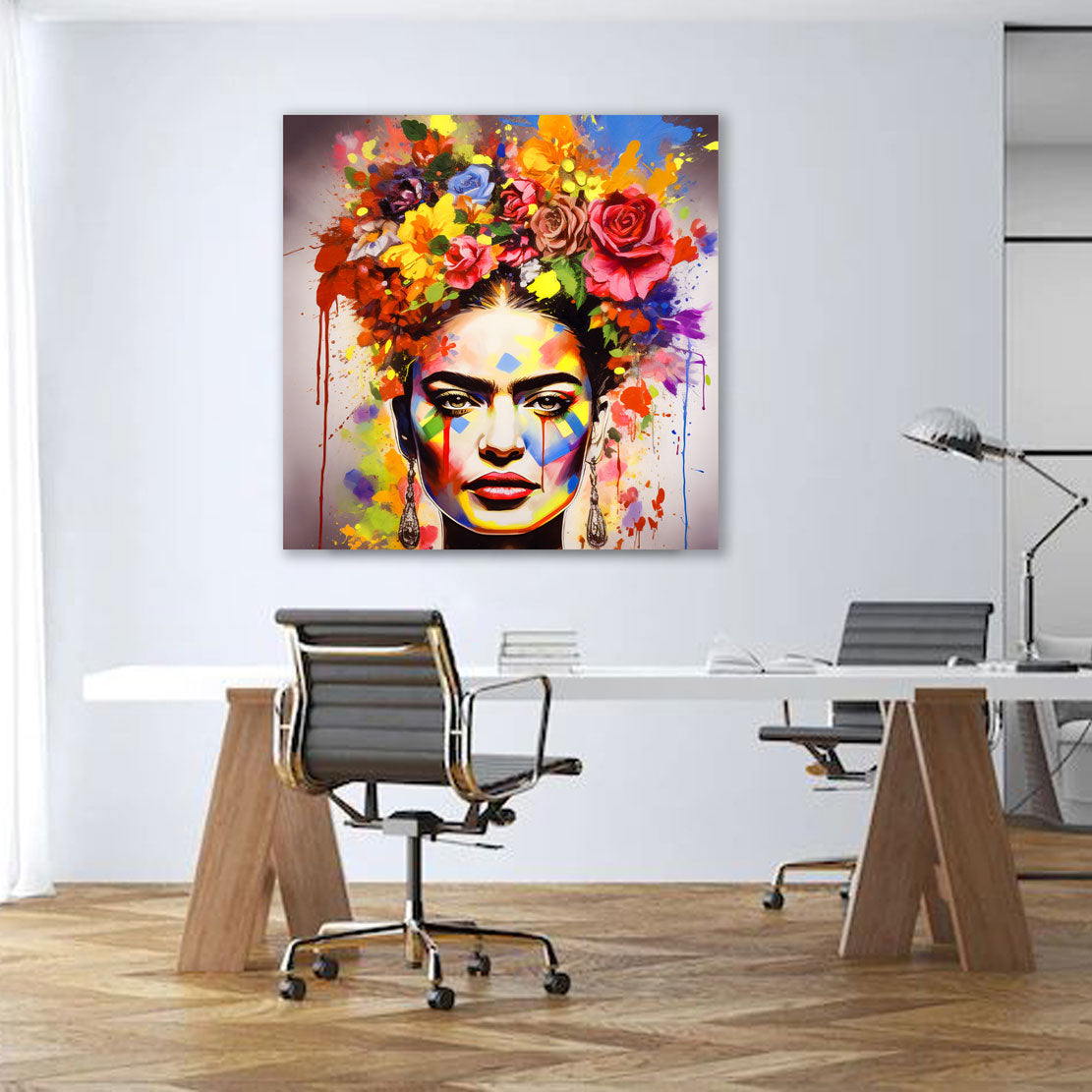 Wandbild Frida buntes Portrait mit Blumen Pop Art