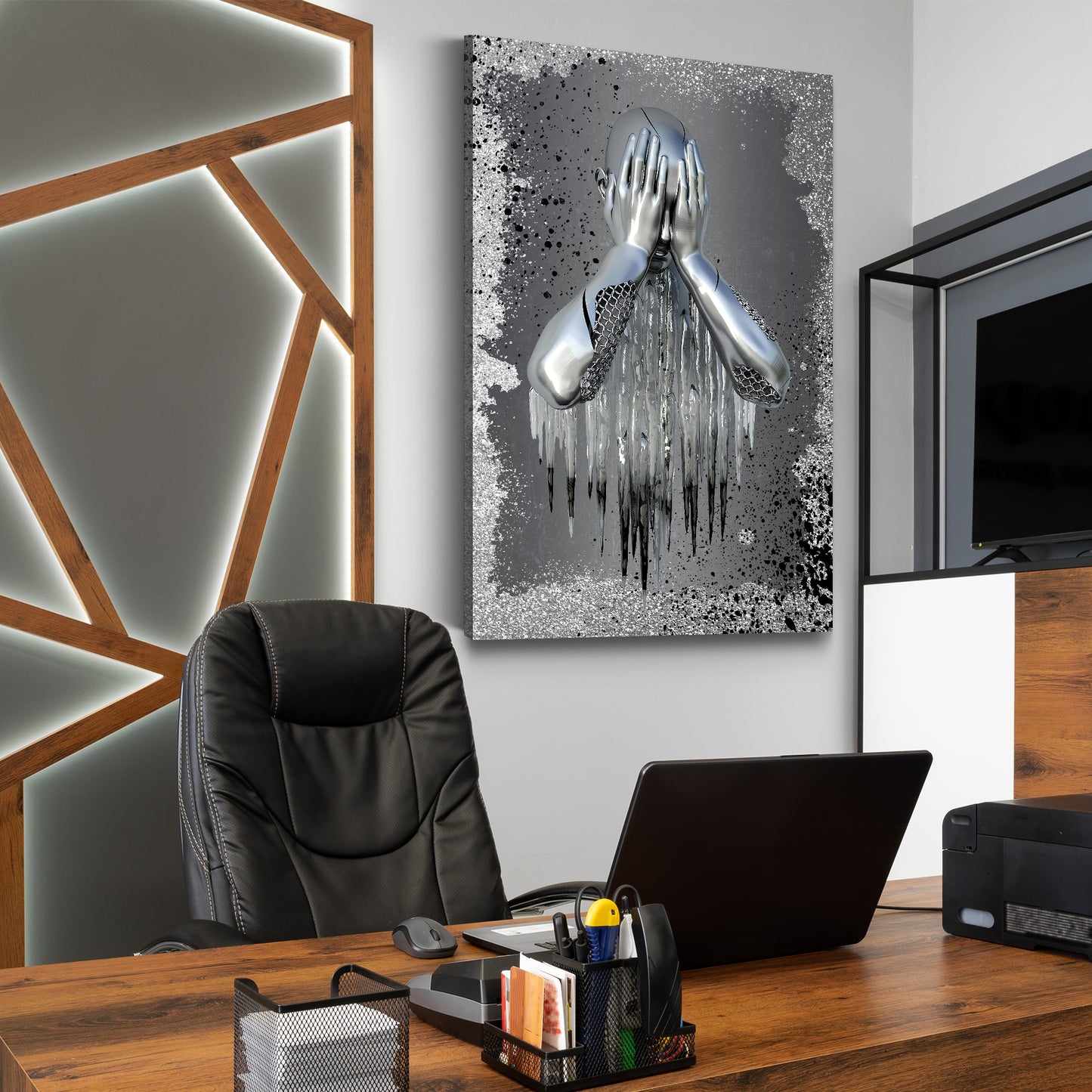 Wandbild modern Metallfigur traurig Splash Metall Wandkunst Silver Style