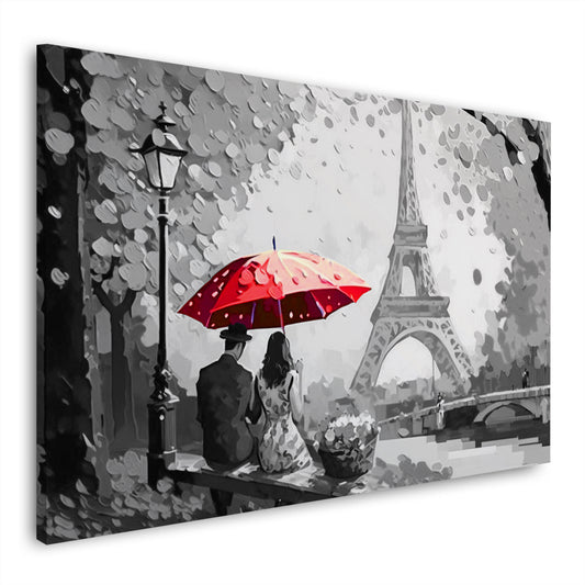 Wandbild modern Frau & Mann mit Regenschirm in Paris