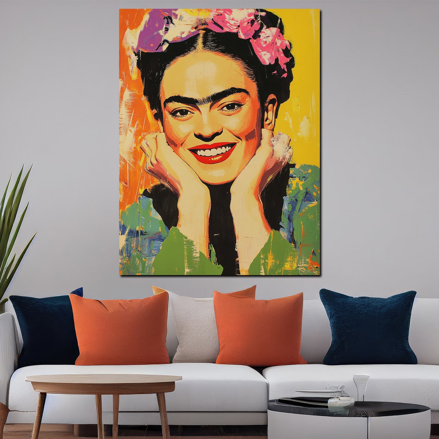 Wandbild strahlende Frida mit Blumen und gelbem Hintergrund