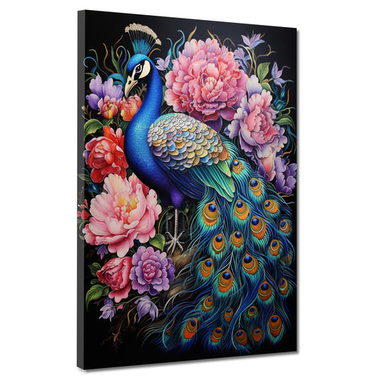 Wandbild wunderschöner Pfau mit Blumen