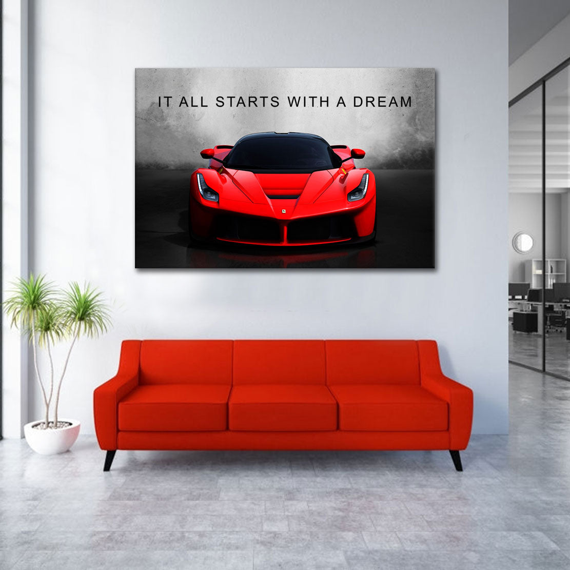 Wandbild Motivation Auto Sportwagen in rot It Starts With A Dream Geld & Erfolg