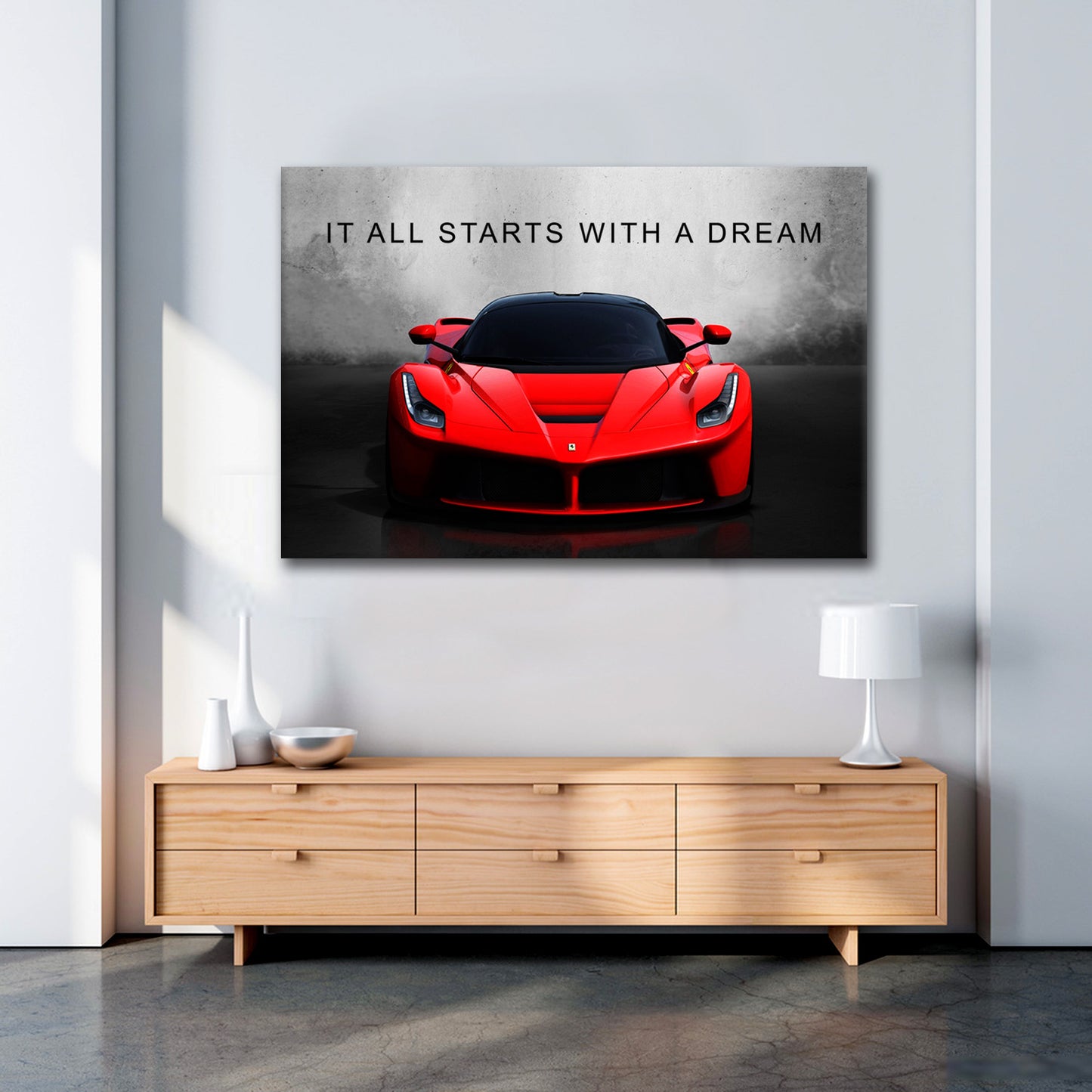 Wandbild Motivation Auto Sportwagen in rot It Starts With A Dream Geld & Erfolg