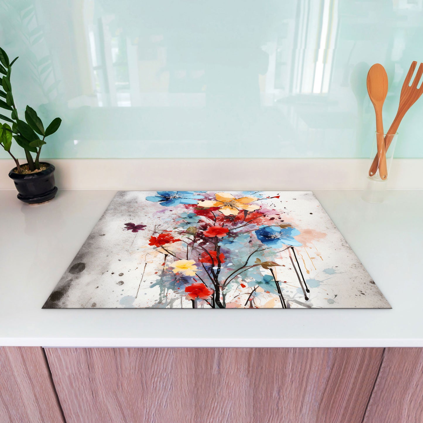 Abstrakt bunte Blumen Herdabdeckplatte Induktionsschutz für Ceranfeld & Küche Deko