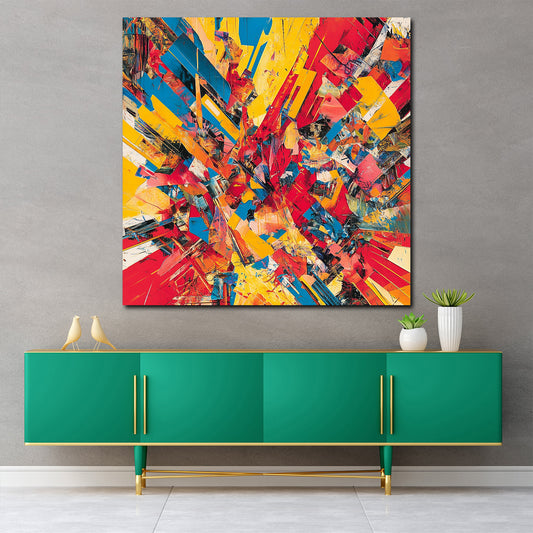 Abstrakt dynamische Explosion Rot Gelb Blau Wandbild