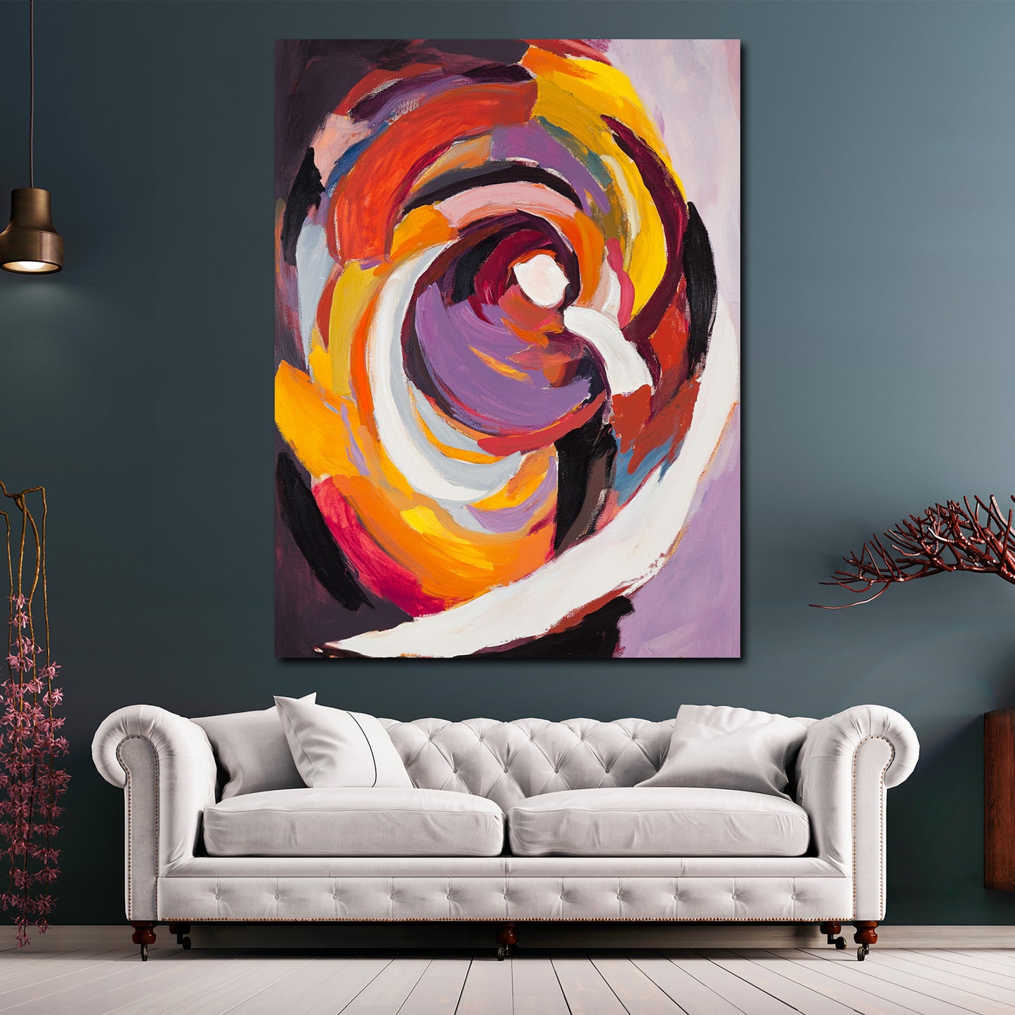 Abstrakt Farbwirbel in Lila Gelb Orange Wandbild