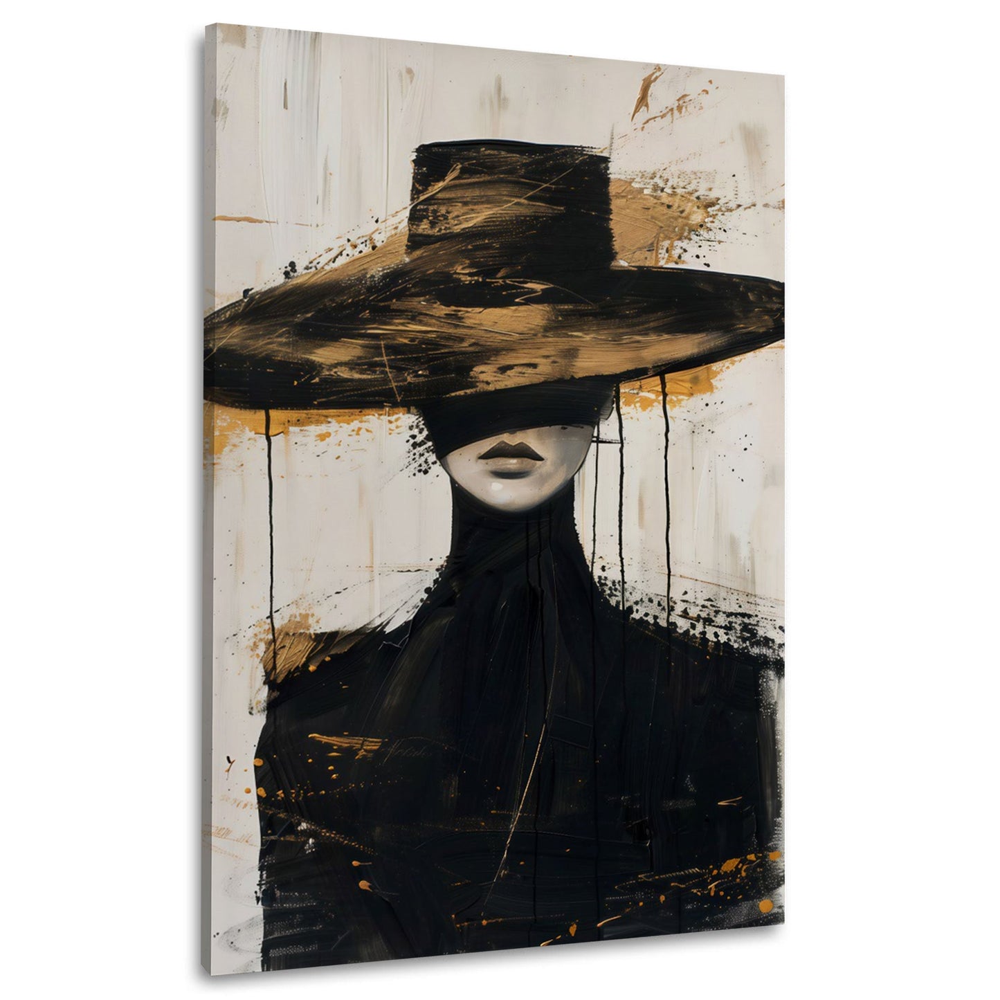 Abstrakte Frau mit Hut in modernem Schwarz-Gold Wandbild