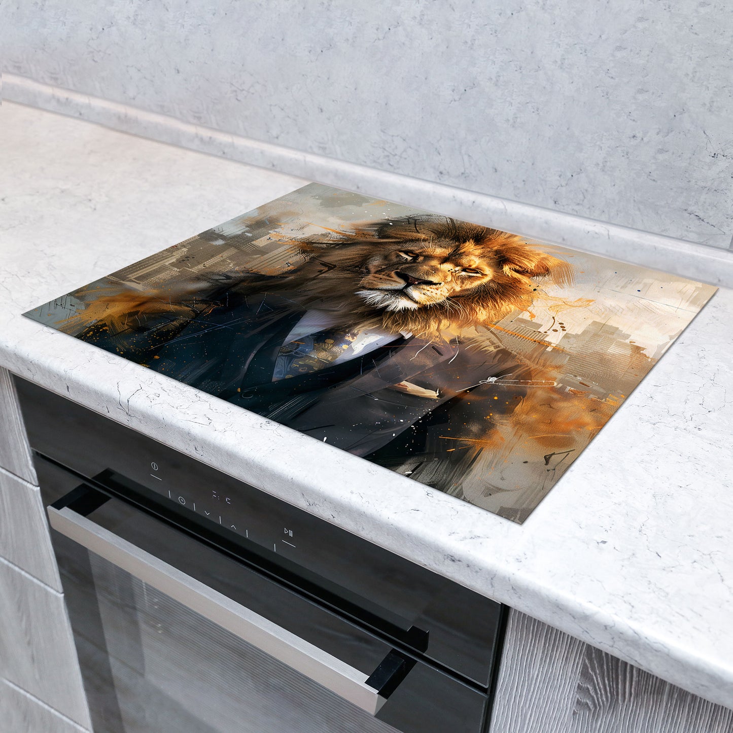 Abstrakt Löwe im Anzug Herdabdeckplatte Induktionsschutz für Ceranfeld & Küche Deko